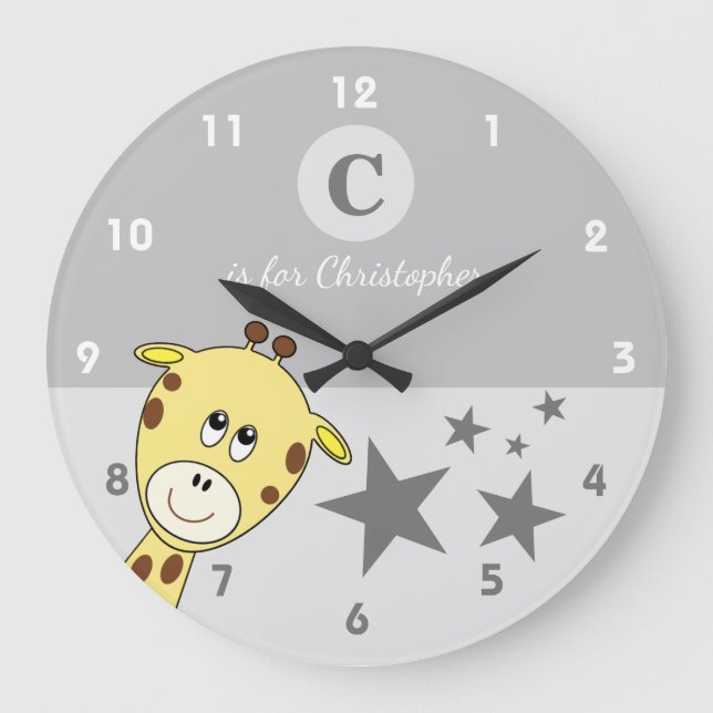 Grande Horloge Ronde Grey avec un nom de bébé étoiles de girafe mignon (Recto)