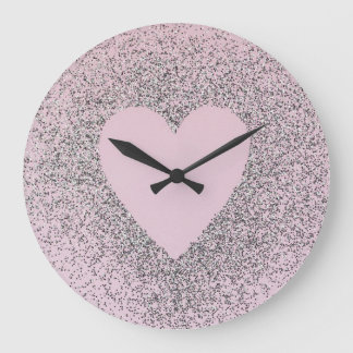 Grande Horloge Ronde Grey Glitter Canvas Art with Pink Heart