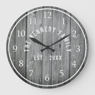 Grande Horloge Ronde Grey Patiné Wood Farmhouse Nom de famille