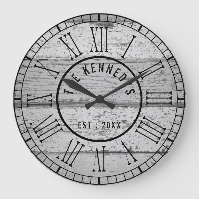 Grande Horloge Ronde Grey Patiné Wood Nom de famille Roman Numérique (Recto)