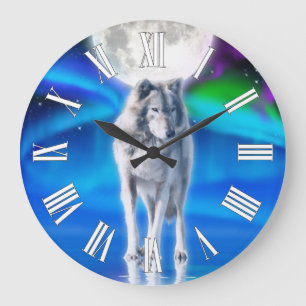 Grande Horloge Ronde Grey Wolf & Aurora Moon Wildlife Art Clock