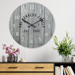 Grande Horloge Ronde Grey Wood Farmhouse Nom de famille