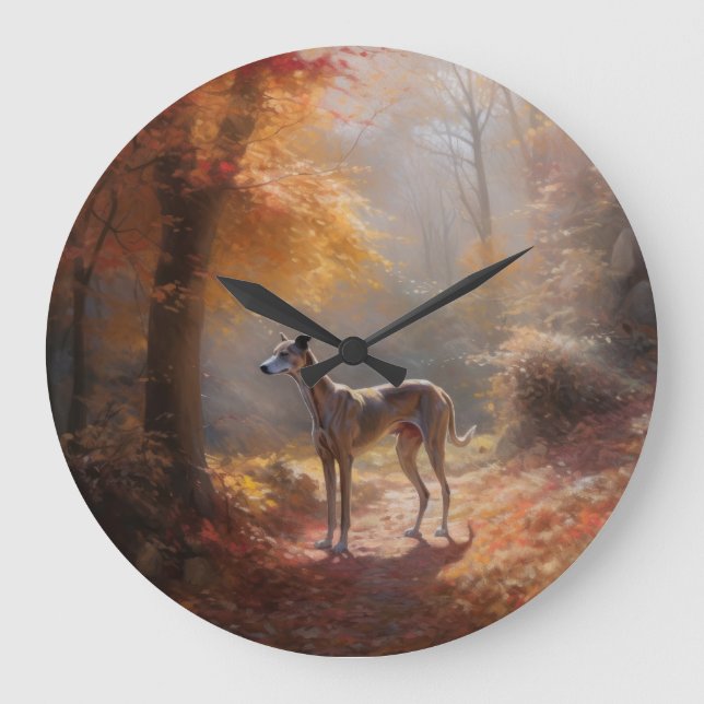 Grande Horloge Ronde Greyhound à l'automne Feuilles automne Inspiration (Recto)