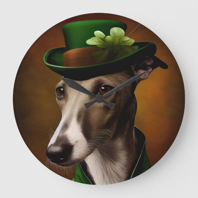 Grande Horloge Ronde Greyhound Dog en tenue de la Saint Patrick (Recto)
