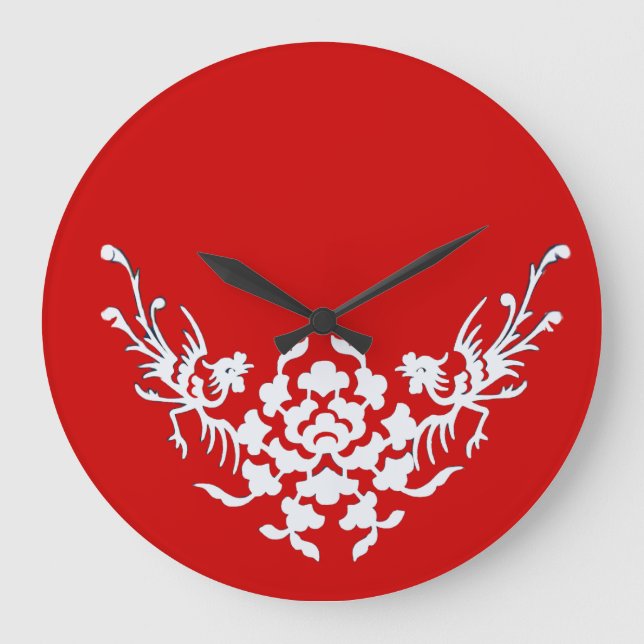 GRANDE HORLOGE RONDE GRIFFINS BLANCS ET FLEURS EN ROUGE (Recto)