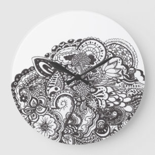Grande Horloge Ronde Griffonnage à l'encre abstrait