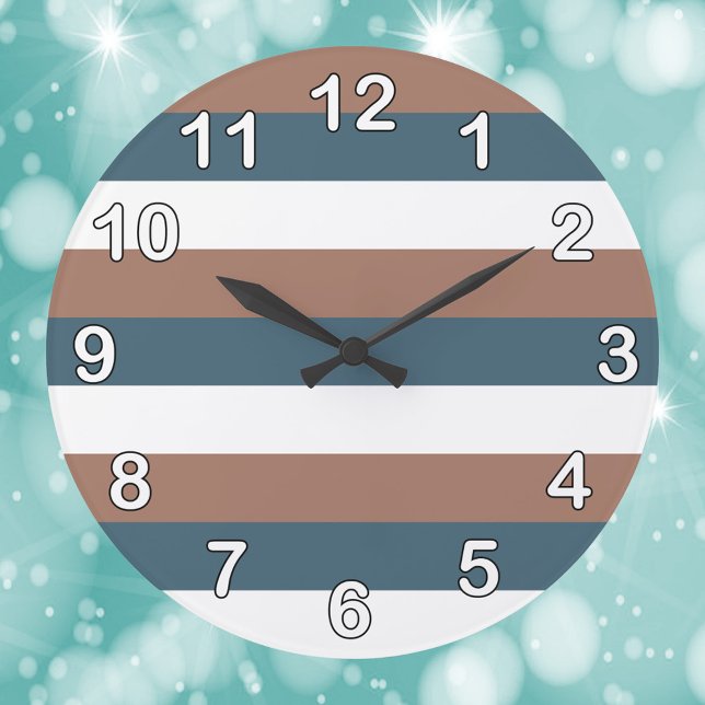 Grande Horloge Ronde Grilles Motif Brown Turquoise Chiffres blancs (A clock with a pattern of teal, brown and white stripes.  Also has white numbers.)
