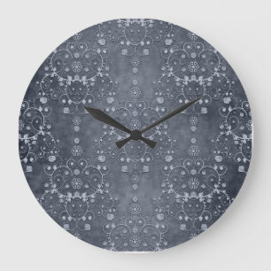 Grande Horloge Ronde Gris argenté profond pewter à motif damassé floral