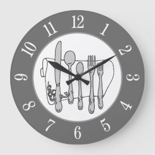 Grande Horloge Ronde Gris argenterie blanc Napkin blanc nombre sur gris