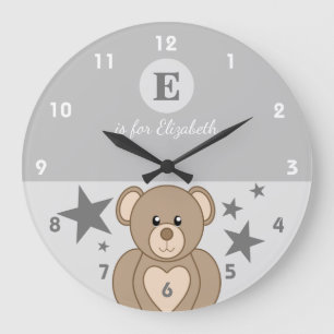 Grande Horloge Ronde Gris et blanc avec un ours en peluche mignon et de