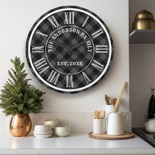 Grande Horloge Ronde Gris Et Noir Buffalo Carreaux Paisley Chiffre Roma