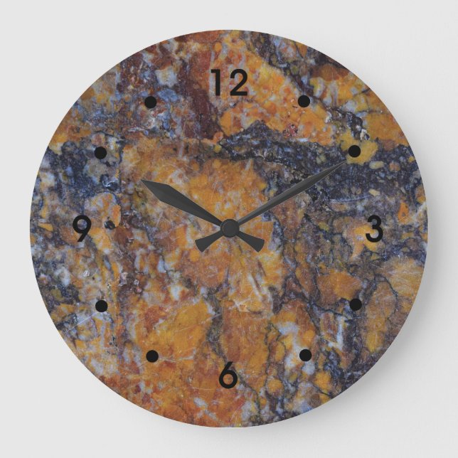 Grande Horloge Ronde Gris Jaune Ocre Rust Marbre Image Noir chiffres (Recto)