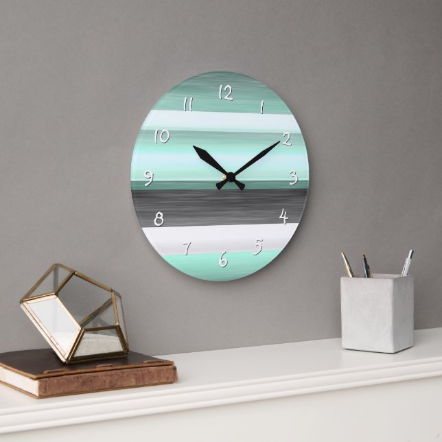 Grande Horloge Ronde Gris Pastel Mint Vert Aquarelle Gris Motif (Bureau)