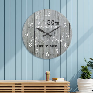 Grande Horloge Ronde Gris rustique Bois  50ème anniversaire de mariage 