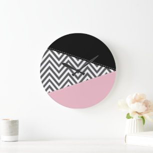 Grande Horloge Ronde Gris Zigzag, Gris Chevron, Motif Zigzag, Rose
