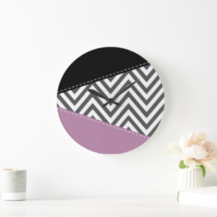 Grande Horloge Ronde Gris Zigzag, Gris Chevron, Motif Zigzag, Violet