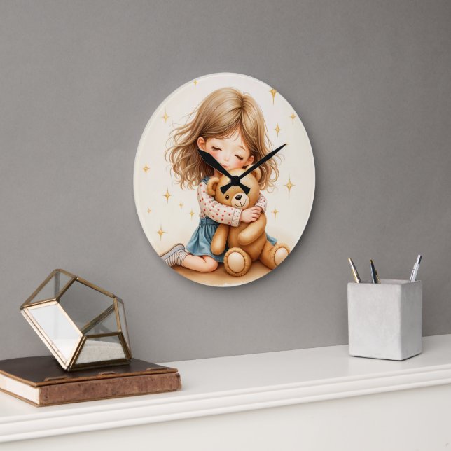 Grande Horloge Ronde Gros câlins - Jolie fille serrant l'ours en peluch (Bureau)