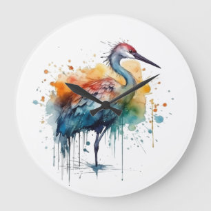 Grande Horloge Ronde Grue élégante : Art à l'aquarelle