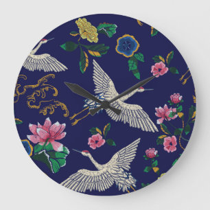 Grande Horloge Ronde Grues brodées et fleurs, vintage transparent p