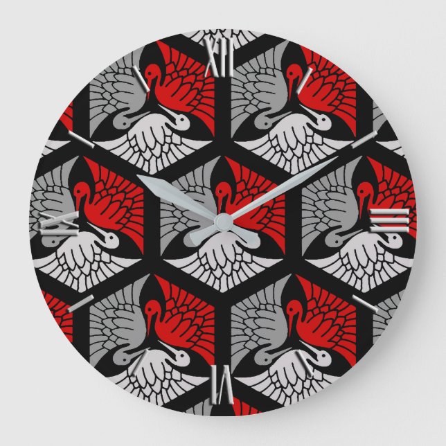 Grande Horloge Ronde Grues japonaises, rouge, gris/gris et noir (Recto)