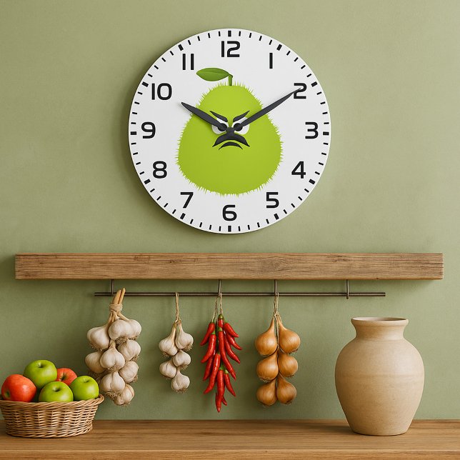 Grande Horloge Ronde Grumpy Fuzzy Pear Visage Fruit drôle Caractère (Créateur téléchargé)