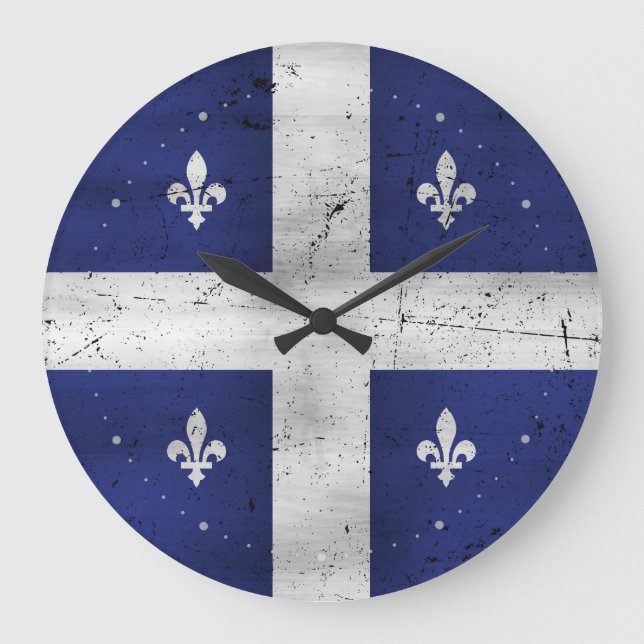 Grande Horloge Ronde Grunge de style Drapeau du Québec érodé (Recto)