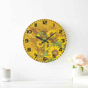 Grande Horloge Ronde Grunge Tournesol Art Bold Rustique Jaune Floral