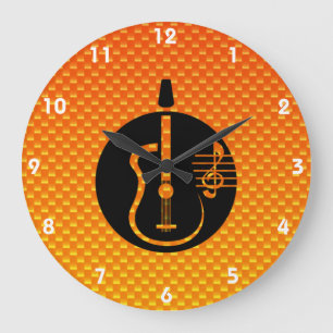 Grande Horloge Ronde Guitare acoustique orange jaune