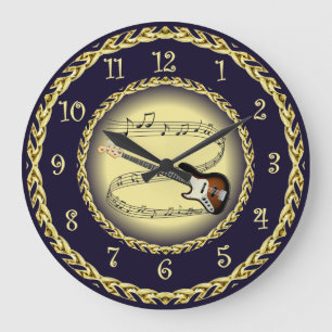 Grande Horloge Ronde Guitare électrique 01 ~ Scroll musical/Gold/Navy B