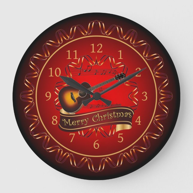 Grande Horloge Ronde Guitare, Joyeux Noël, Maron & Noir ~ (Recto)