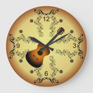 Grande Horloge Ronde Guitare ~ Scroll musical ~ Arrière - plan d'or ~