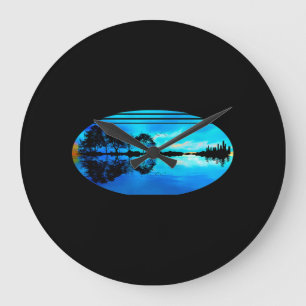 Grande Horloge Ronde Guitare Sunset Sky Trees City Lake Réflexion