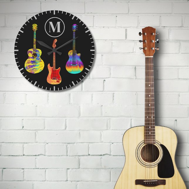 Grande Horloge Ronde Guitares funky psychédéliques (Cool colorful guitar black monogram modern wall clock for guitarist and musicians )