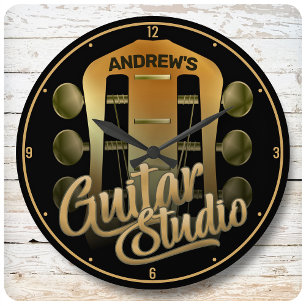 Grande Horloge Ronde Guitariste personnalisé NOM Rock Music Studio de g