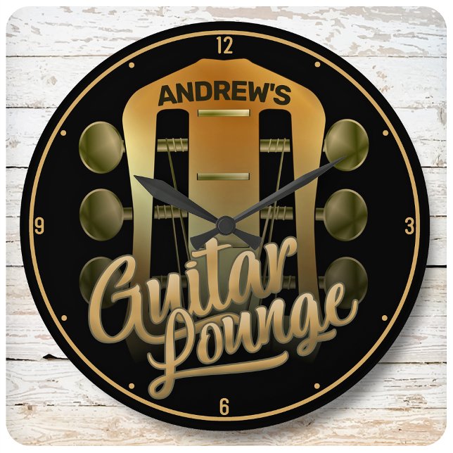 Grande Horloge Ronde Guitariste personnalisé NOM Rock Musique Guitare B (Créateur téléchargé)
