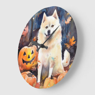 Grande Horloge Ronde Halloween Akita Américain Avec La Peur Citrouille