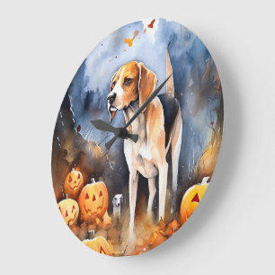 Grande Horloge Ronde Halloween Anglais Foxhound Avec Citrouille