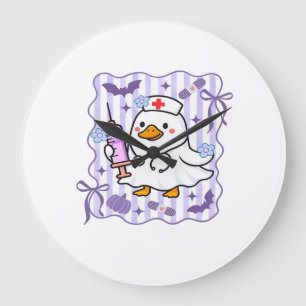Grande Horloge Ronde Halloween Automne Violet Coquette Oie Infirmière E