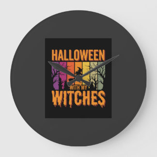 Grande Horloge Ronde Halloween avec mes sorcières Rétro Sunset