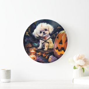 Grande Horloge Ronde Halloween Bichon Frise Avec La Peur Citrouille