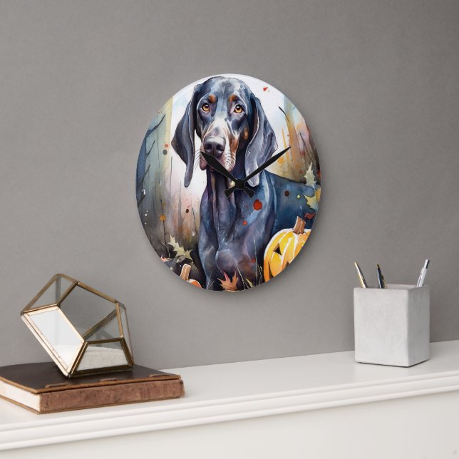 Grande Horloge Ronde Halloween Bluetick Coonhound avec la peur Citrouil (Bureau)