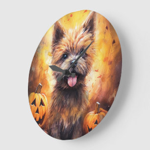 Grande Horloge Ronde Halloween Cairn Terrier Avec La Peur Citrouille