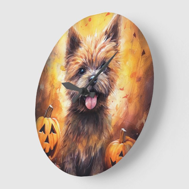 Grande Horloge Ronde Halloween Cairn Terrier Avec La Peur Citrouille (Angle)