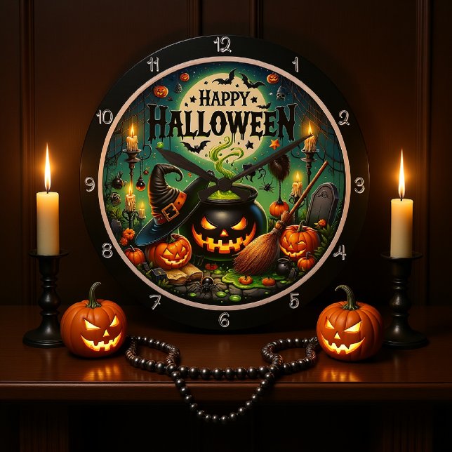 Grande Horloge Ronde Halloween Cauldron Vert (Créateur téléchargé)