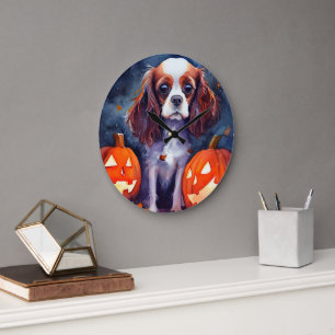 Grande Horloge Ronde Halloween Cavalier King Charles Citrouille espagno