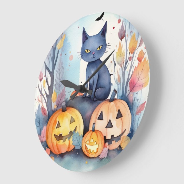 Grande Horloge Ronde Halloween Chat Bleu Oriental Avec Peur Citrouille (Angle)