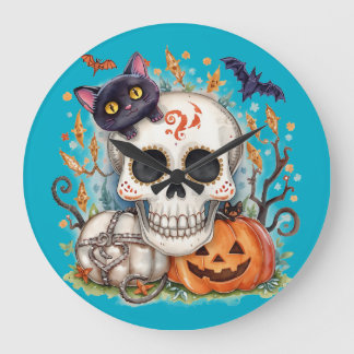 Grande Horloge Ronde Halloween,Chat Crâne de Sucre ,Mignon,Citrouille
