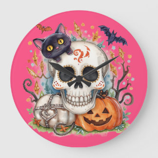 Grande Horloge Ronde Halloween,Chat Crâne de Sucre ,Mignon,Citrouille