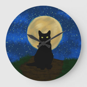 Grande Horloge Ronde Halloween Chat noir Silhouette Lune