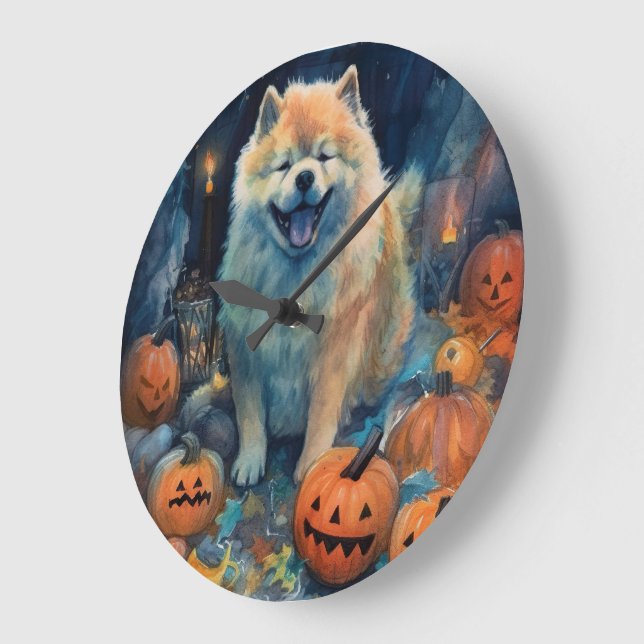 Grande Horloge Ronde Halloween Chow Chow Avec La Peur Citrouille (Angle)